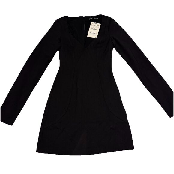 NEW! Zara Structured Mini Black Dress Long Sleeve V-Neck Stretch Lined Size XS - Picture 1 of 14